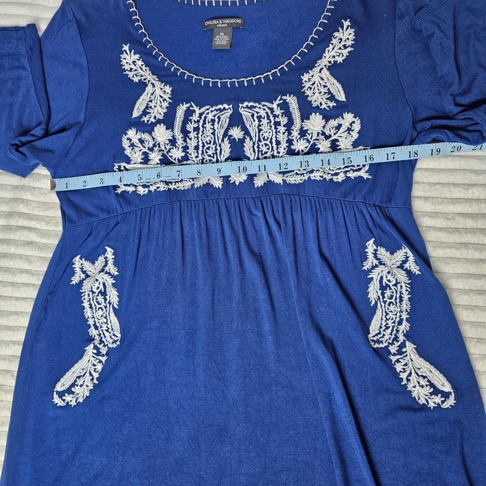 Chelsea Theodore Embroidered‎ Blue Dress XL 3/4 Sleeve Empire Waist Boho Flowy - Picture 3 of 11